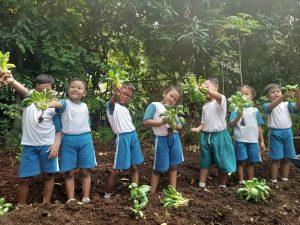 Para Murid PAUD Wijaya Kusuma memamerkan hasil panen mereka